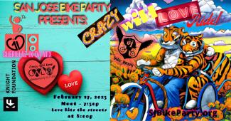A poster of the Crazy with Love Ride, featuring artwork with two tigers on a bicycle on the right, and a turquoise background with hearts on the left.